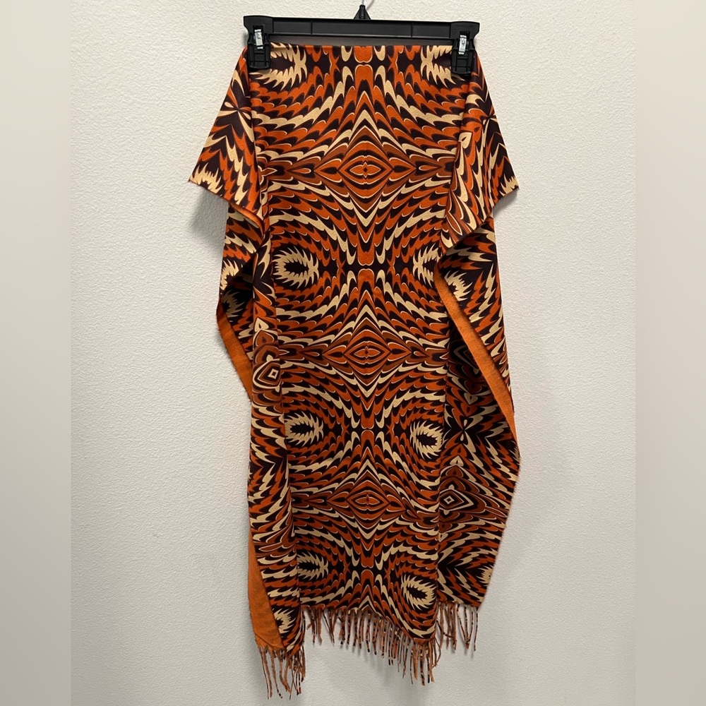 Vintage Style Retro Op Art Fringe Scarf Brown Orange
